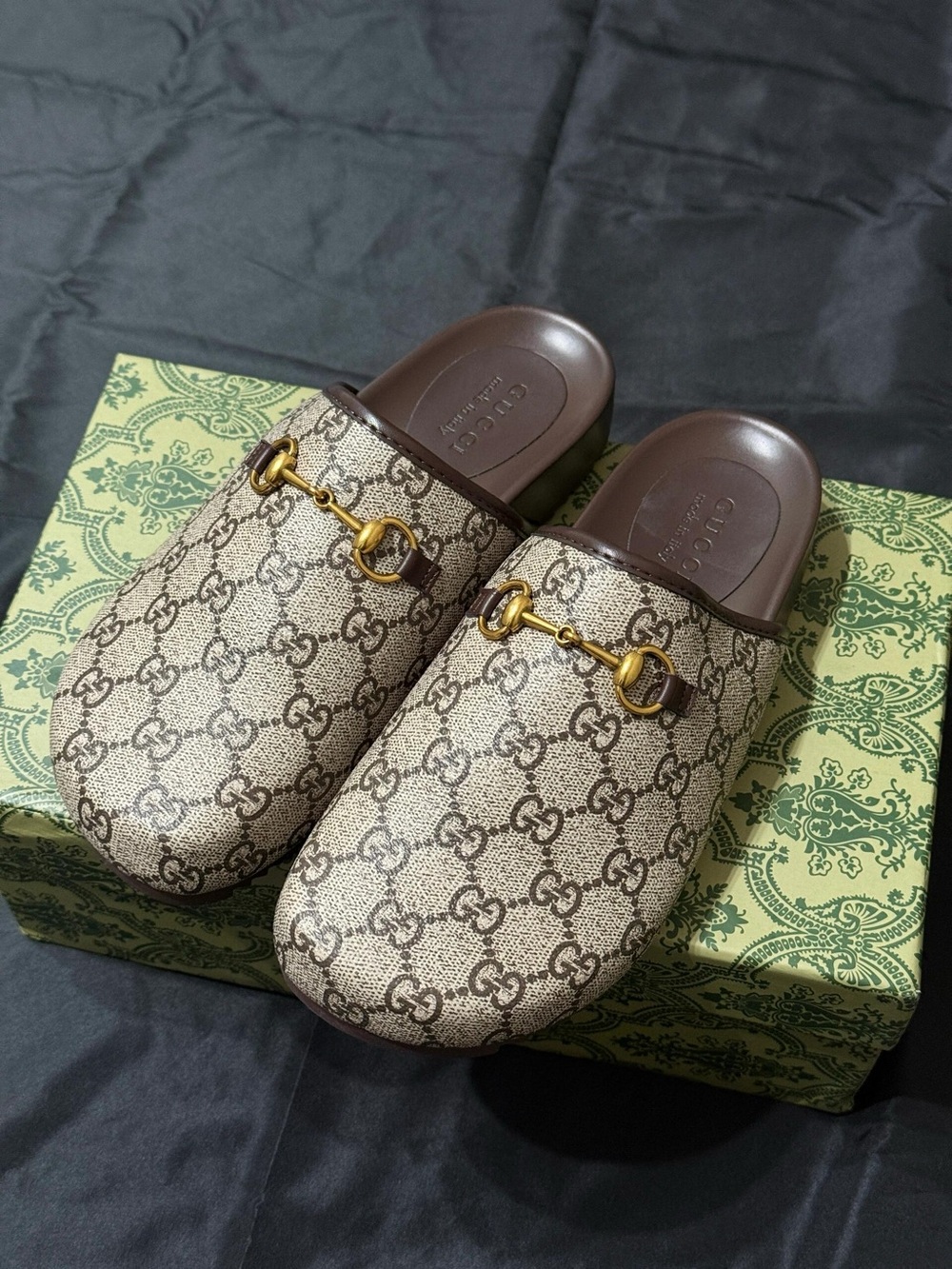 Gucci Beige and Brown Monogram Mules